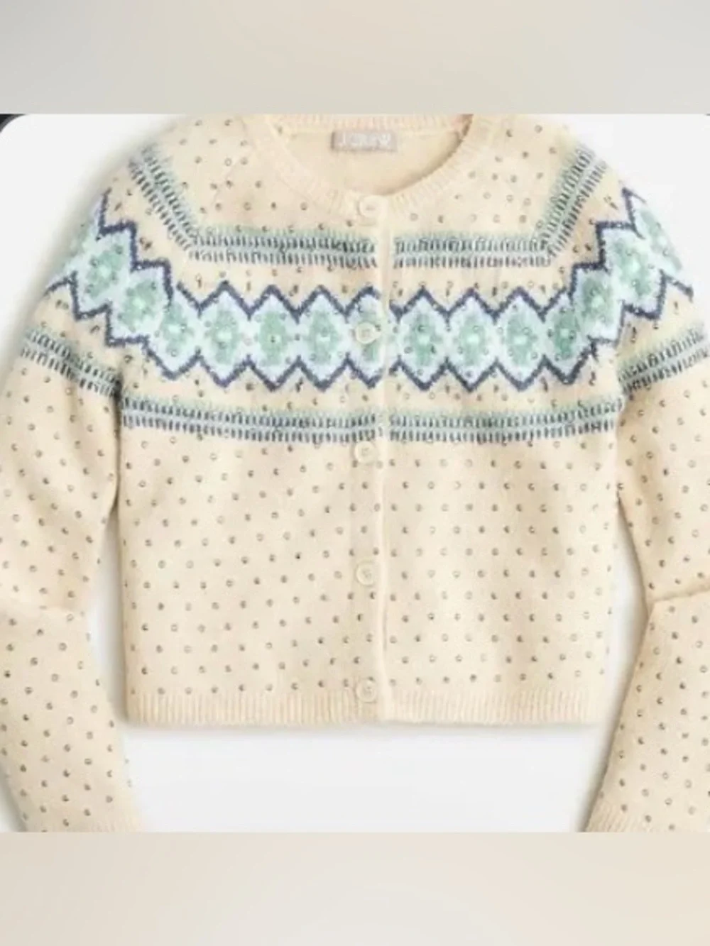 Crystal-embellished Fair Isle cardigan sweater in Supersoft yarn